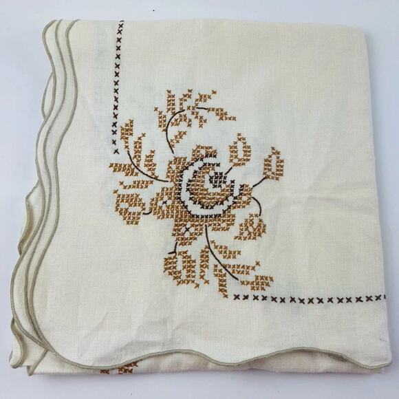 VTG Tablecloth Hand Embroidered CROSS STITCH Cream Brown Floral Neutral Taupe Es - Picture 3 of 16